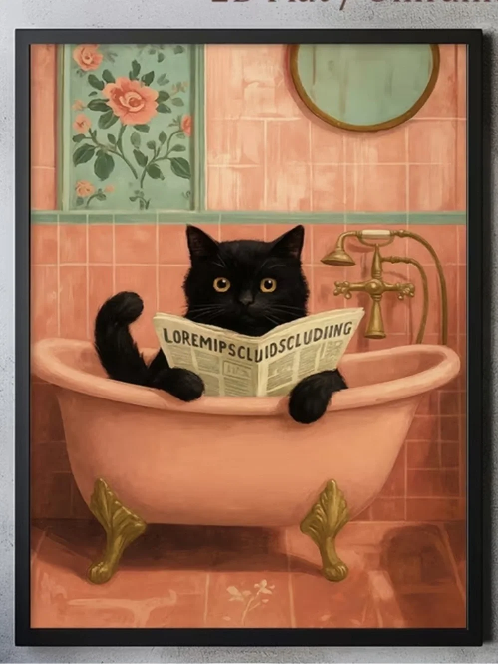 Black cat in bathtub canvas print - pink